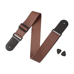 adjustable guitar strap for electricacoustic guitarbass - with 4 picks of gunn - soft strap with pu leather ends brown