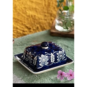 hs hindustani saudagar blue meadow ceramic butterdish handmade container with tray amp lid microwave amp dishwasher safe serve ware for hotel cafe restaurant home for daily use amp gifting