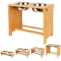 HTB Elevated Dog Bowl Stand with 2 Stainless Steel Bowls-14"H XLarge Bamboo