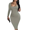 HTD Women's Sexy Bodycon Dress Long Sleeve Club Party Casual Midi Pencil Dresses