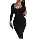 HTD Women's Sexy Bodycon Dress Long Sleeve Club Party Casual Midi Pencil Dresses
