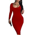 HTD Women's Sexy Bodycon Dress Long Sleeve Club Party Casual Midi Pencil Dresses