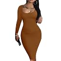 HTD Women's Sexy Bodycon Dress Long Sleeve Club Party Casual Midi Pencil Dresses