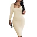 HTD Women's Sexy Bodycon Dress Long Sleeve Club Party Casual Midi Pencil Dresses