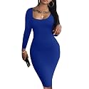 HTD Women's Sexy Bodycon Dress Long Sleeve Club Party Casual Midi Pencil Dresses
