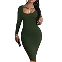 HTD Women's Sexy Bodycon Dress Long Sleeve Club Party Casual Midi Pencil Dresses