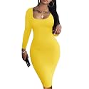 HTD Women's Sexy Bodycon Dress Long Sleeve Club Party Casual Midi Pencil Dresses
