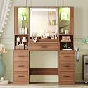 HUANLEGO Makeup Vanity Desk with Mirror and LED Lights for Girls, Walnut