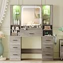 HUANLEGO Makeup Vanity Desk with Mirror and LED Lights for Girls, Grey