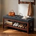 HUBSON 44" Entryway Shoe Bench, Upholstered End of Bed Bench with Solid Wood Shelf, Button Tufted Shoe Bench for Bedroom, Hallway, Living Room, Light Grey