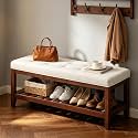HUBSON 44" Entryway Shoe Bench, Upholstered End of Bed Bench with Solid Wood Shelf, Button Tufted Shoe Bench for Bedroom, Hallway, Living Room, Beige