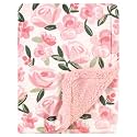 Hudson Baby Unisex Baby Plush Mink and Sherpa Blanket, Green Floral, One Size