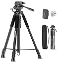 Huepar Lightweight 67.72-Inch Adjustable Laser Level Tripod with 3-Way Pan Head, Fathers Day Dad Gifts Portable Handle, Quick Release Plate with 1/4" Screw Mount & 5/8" UNF Adapter Nut-Camera Tripod