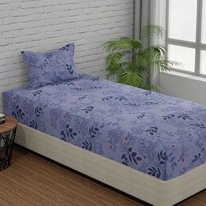 huesland by ahmedabad cotton 144 tc single bed bedsheet cotton with 1 pillow cover  light purple amp blue  botanical bliss