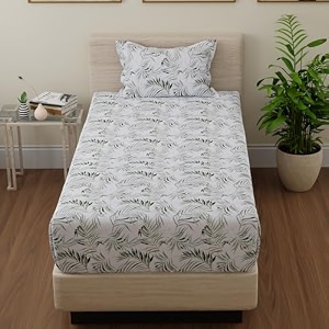 huesland by ahmedabad cotton 144 tc bed sheet single bed cotton with 1 pillow cover  forest green amp white