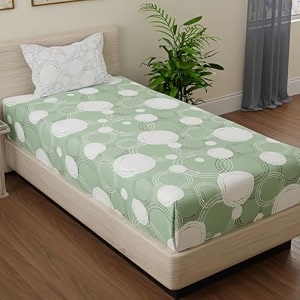 huesland by ahmedabad cotton 144 tc single cotton bedsheet with 1 pillow cover  sphere  green amp off white