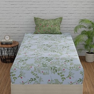 huesland by ahmedabad cotton 144 tc single bedsheets cotton with 1 pillow cover  botanical bliss  white amp green