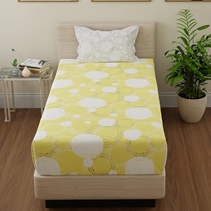 huesland by ahmedabad cotton 144 tc cotton single bedsheet with 1 pillow cover  sphere  yellow amp off white