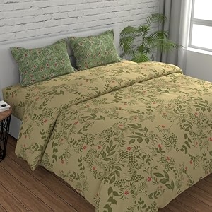 huesland by ahmedabad cotton 144 tc bedsheet for double bed king size with 2 pillow covers  botanical bliss  108 x 108 inches  vanilla amp green