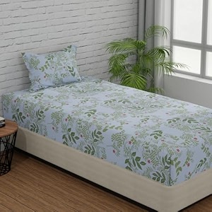 huesland by ahmedabad cotton 144 tc cotton single bed sheets with 1 pillow cover  white light green amp dark green  botanical bliss