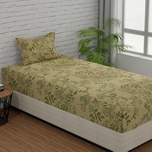 huesland by ahmedabad cotton 144 tc cotton bed sheet for single bed with 1 pillow cover  vanilla green amp pink  botanical bliss