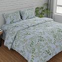 Huesland by Ahmedabad Cotton 144 TC Bedsheet Queen Size Bed Cotton for Double Bed with 2 Pillow Covers | White, Light Green &amp; Dark Green | Botanical Bliss