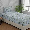 HUESLAND by Ahmedabad Cotton 144 TC Cotton Single Bed Sheets with 1 Pillow Cover | White, Light Green &amp; Dark Green | Botanical Bliss