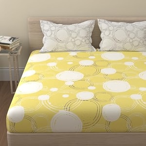 huesland by ahmedabad cotton 144 tc cotton bed sheet for double bed with 2 pillow covers  sphere  yellow amp off white