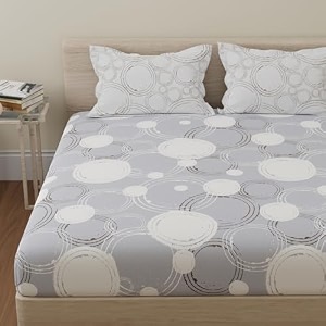 huesland by ahmedabad cotton 144 tc cotton double bed bedsheet with 2 pillow covers  sphere  grey amp off white