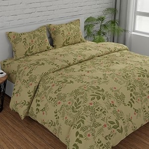 huesland by ahmedabad cotton 144 tc double bed sheet cotton king size with 2 pillow covers  botanical bliss  vanilla green amp pink  108 x 108 inches