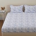 Huesland by Ahmedabad Cotton 144 TC Queen Size Bed Sheet Cotton with 2 Pillow Covers | Blue Nova &amp; White
