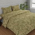 Huesland by Ahmedabad Cotton 144 TC Double Bed Sheet Cotton King Size with 2 Pillow Covers | Botanical Bliss | Vanilla, Green &amp; Pink | 108 x 108 inches