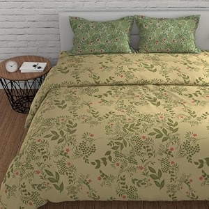 huesland by ahmedabad cotton 144 tc elastic bedsheets for king size bed with 2 pillow covers  botanical bliss  vanilla amp green