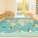 Huge Kids Rugs for Playroom Décor - 9x12 Boho Pastel Classroom Décor for Children, Washable Ultra Soft World Map Carpet with Blue Ocean, Continents &amp; Cute Animals