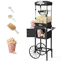 HUGROVE 10oz Popcorn Machine with Cart, 480W Vintage Popcorn Maker for Home & Commercial, Stainless Steel Kettle, One-Touch Operation, Popcorn Popper for Party & Movie Night (Red, 10oz) (Black)