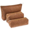 Huhumy 3 Pcs Corduroy Makeup Bag Set for Women, Brown, Solid Style