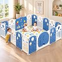 Hukimoyo Playpen for babies 16 Panels Play Area Indoor Setup with Mat ,balls | Play Yard for Babies 0–3 Years with Padded Boundary |Indoor Outdoor Toddler , infant fence Activity Center with Safety Door Lock &amp; Suction Cup