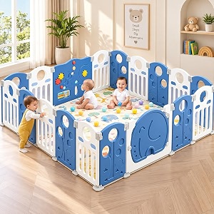 hukimoyo playpen for babies 16 panels play area indoor setup with mat balls  play yard for babies 03 years with padded boundary indoor outdoor toddler  infant fence activity center with safety door lock amp suction cups
