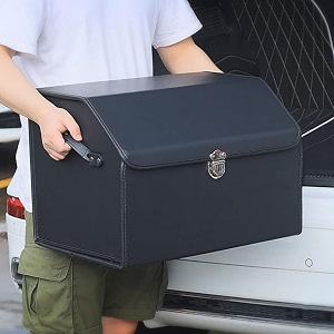 hukimoyo 35l car trunk boot organizer storage with lid foldable leather car boot box multi-compartment portable car trunk dicky storage and organizer for all types of cars 53l x 31w x 30hcm