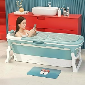 hukimoyo large bathtub for adults 6 feet large folding 150l62w50h cm bathing tub for bathroom with temperature meter pillow hot portable spa ice bath tub for adults big size sky blue - 148 cm