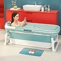 Hukimoyo large Bathtub for Adults 6 Feet Large Folding 150L×62W×50H CM Bathing Tub For Bathroom with Temperature Meter Pillow Hot, Portable Spa ice bath tub for adults big size (Sky Blue - 148 CM)