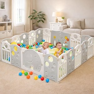 hukimoyo large baby playpen 16 panels30 sq ft play area indoor setup with mat balls  play yard for babies 03 years with padded boundary indoor outdoor toddler  infant fence activity center with safety door lock amp suction cups