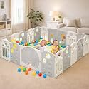 Hukimoyo Large Baby Playpen 16 Panels/30 Sq Ft Play Area Indoor Setup with Mat ,balls | Play Yard for Babies 0–3 Years with Padded Boundary |Indoor Outdoor Toddler , infant fence Activity Center with Safety Door Lock &amp; Su