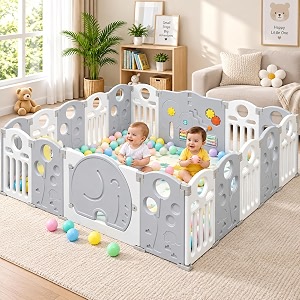 hukimoyo large baby playpen 18 panels36 sq ft play area indoor setup with mat balls play yard for babies 03 years with padded boundary indoor outdoor toddler  infant fence activity center with safety door lock amp suction cups
