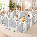 Hukimoyo Large Baby Playpen 18 Panels/36 Sq Ft Play Area Indoor Setup with Mat ,balls Play Yard for Babies 0–3 Years with Padded Boundary Indoor Outdoor Toddler , infant fence Activity Center with Safety Door Lock &amp; Sucti