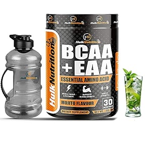 hulknutrition eaas-bcaa energy drink for workout  prepost workout supplement powder recovery muscle protein synthesis eaas-bcaa all 9 essential amino acids 30 mojito 255g free gallon shaker