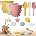 Hungdao 13 Pcs Silicone Beach Toys Travel Beach Set Sand Toys Including 3 Silicone Buckets 3 Shovels 6 Sea Creature Sand Molds 1 Bag for Kids Boys Girls Summer Pool Outdoor Bath(Pink White Yellow)