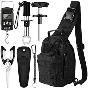 hungdao 7 pcs fishing backpack with fishing tool kit fish gear pliers equipment include hook remover backpack pliers kit scale gripper weigh separator fish gifts for men womenblack