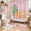 HunnmingRe 6 Pcs Christmas Bathroom Decor Pink Gingerbread Shower Curtain