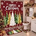 HunnmingRe 6 Pcs Christmas Bathroom Decor Burgundy Xmas Shower Curtain Sets